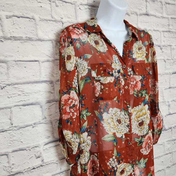 Sara Michelle Blouse Womens Size Small Rust-colored Sheer Floral Button Down - Picture 3 of 12